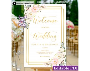 Blush Ivory welcome sign template,Floral wedding welcome sign template, (130)
